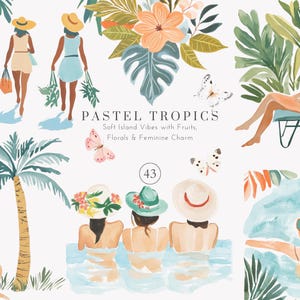 Puede incluir: Una ilustración digital de mujeres en varios entornos tropicales. La ilustración presenta palmeras, flores y mariposas. El texto "PASTEL TROPICS" está escrito en una fuente estilizada con el lema "Soft Island Vibes with Fruits, Florals & Feminine Charm". El número "43" también está incluido en la ilustración.