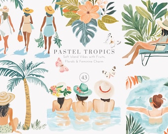 Può includere: Un'illustrazione digitale di donne in vari contesti tropicali. L'illustrazione presenta palme, fiori e farfalle. Il testo "PASTEL TROPICS" è scritto in un font stilizzato con il motto "Soft Island Vibes with Fruits, Florals & Feminine Charm". Il numero "43" è incluso anche nell'illustrazione.