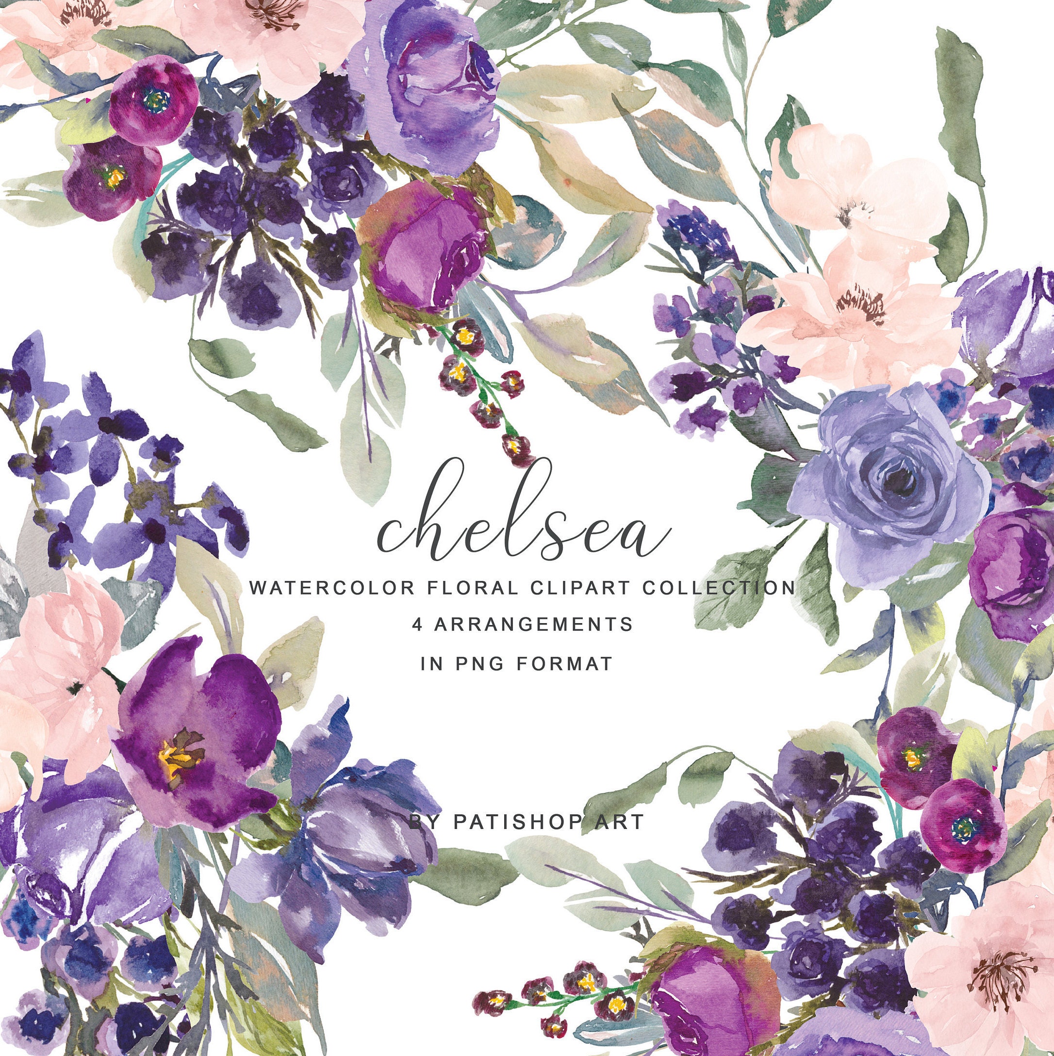 Chelsea* Purple Plum and Blush Watercolor Flowers Clipart Violet and …