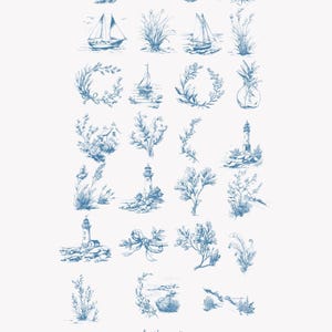 May include: A set of 24 blue and white illustrations featuring nautical themes, including sailboats, lighthouses, seashells, and floral wreaths. These illustrations are perfect for adding a touch of coastal charm to your projects.