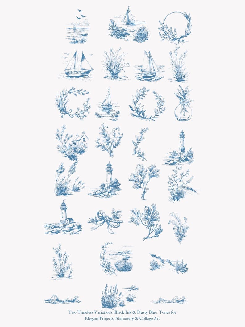 May include: A set of 24 blue and white illustrations featuring nautical themes, including sailboats, lighthouses, seashells, and floral wreaths. These illustrations are perfect for adding a touch of coastal charm to your projects.