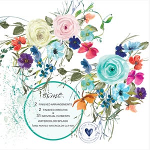 May include: A collection of watercolour floral illustrations featuring pink, cream, and turquoise roses with blue, purple, and orange wildflowers. Text reads: Esme, 2 finished arrangements, 2 finished wreaths & 31 individual elements, watercolour splash, hand painted watercolour clip art.