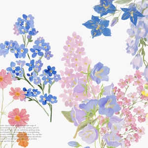 May include: Watercolor floral clipart featuring a variety of flowers in shades of blue, pink, purple, and yellow. The image includes cosmos, forget-me-nots, and other blossoms, perfect for nursery wall art and stationery.