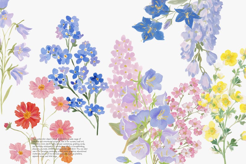 May include: Watercolor floral clipart featuring a variety of flowers in shades of blue, pink, purple, and yellow. The image includes cosmos, forget-me-nots, and other blossoms, perfect for nursery wall art and stationery.