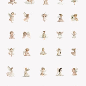 May include: A collection of 30 watercolor illustrations of angels in various poses. The angels are depicted with wings, halos, and flowing gowns in soft pastel colors. The text "Whimsical Angels" is at the bottom.