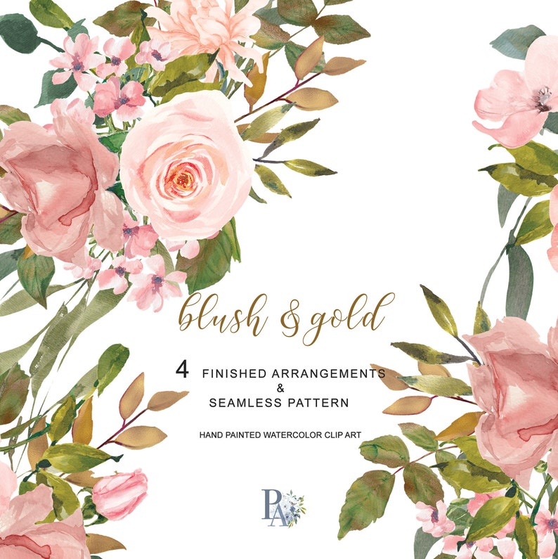 Watercolor Flower Clipart Blush Rose Gold Leaves Clipart ...
