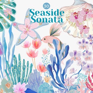 May include: A digital illustration titled 30 Seaside Sonata featuring a collection of marine life including a purple jellyfish, a pink fish, a red crab, various seashells, starfish, and aquatic plants decorated with pink and purple orchid flowers.