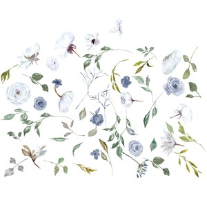 May include: Watercolor illustration of blue and white flowers and leaves. The flowers are in various stages of bloom, with some fully open and others still in bud. The leaves are a variety of shades of green.