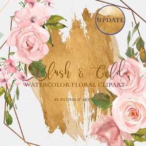 aquarel bloem clipart - roze blozen gouden aquarel illustraties - gouden frame gratis commercieel gebruik - bruidsboeket - aquarelle lijntekeningen