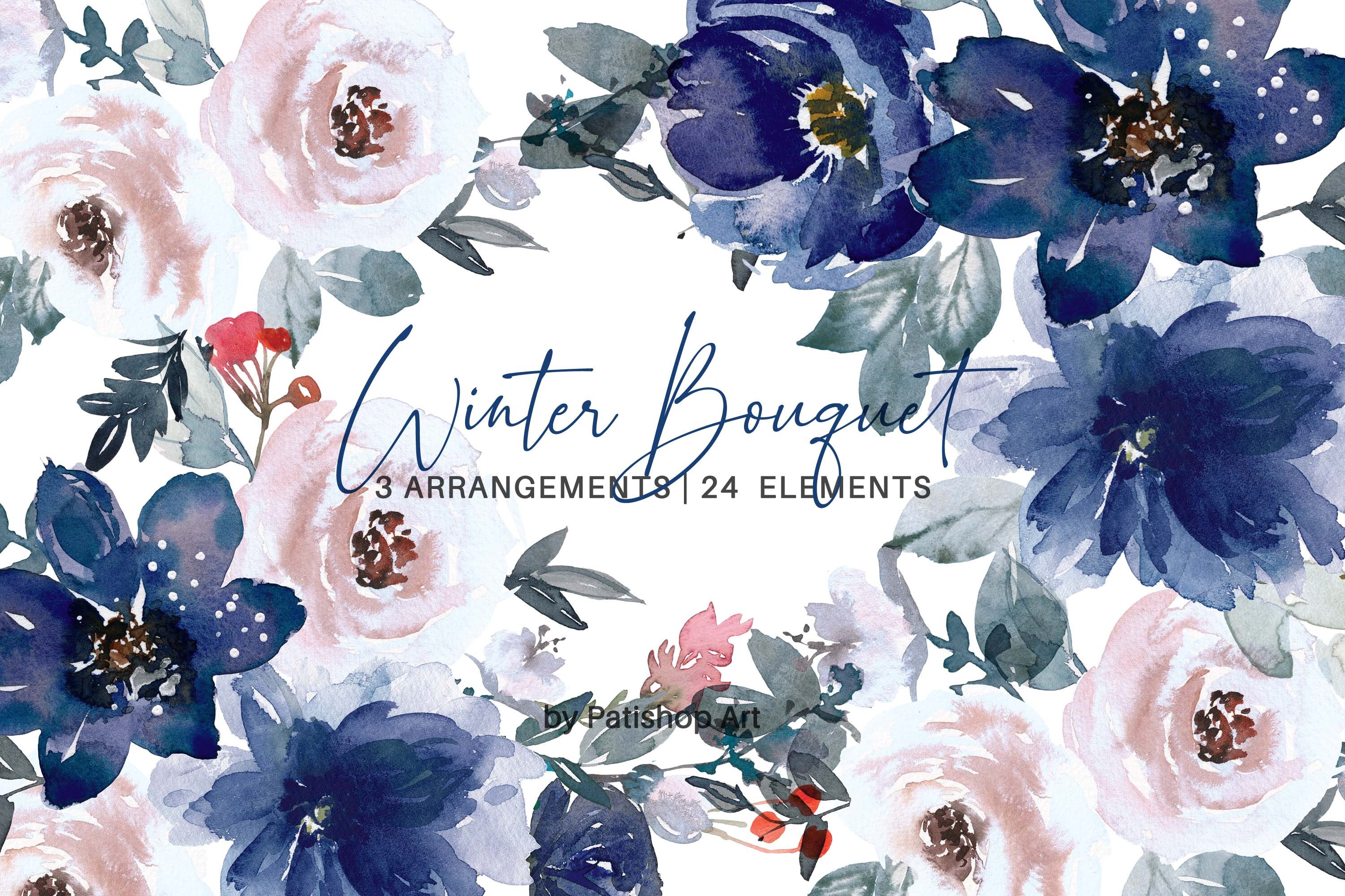 Watercolor Dark Blue Flowers Clipart Navy Blue Arrangement & - Etsy