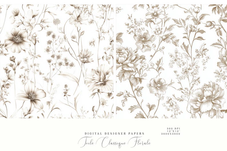 May include: Two digital paper designs featuring a brown floral pattern on a white background. The text "Toile Classique Florale" is at the bottom of the image.
