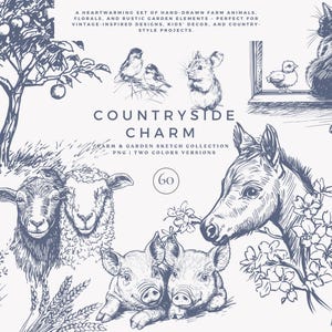 clipart vintage – animali da fattoria – schizzo rustico – incisione floreale – fascino della campagna – grafica per matrimoni – illustrazione del fienile – png di campagna