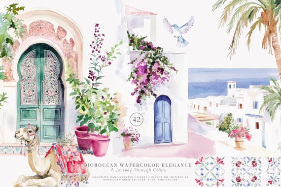 moroccan desert watercolor clipart png, camels palm trees exotic arches and doors, boho travel architecture and cultural illustration design