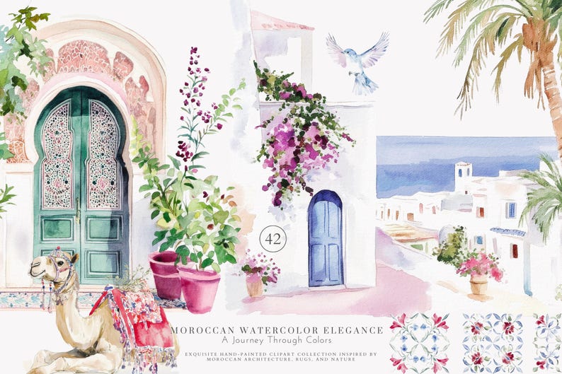 May include: Watercolor illustration of Moroccan architecture with a camel, arched doorways, and flowering plants. A dove flies above a blue door. The text reads "MOROCCAN WATERCOLOR ELEGANCE A Journey Through Colors".