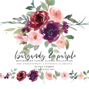 clipart bouquet floral aquarelle bordeaux -arrangement et éléments séparés - clip art rose pivoine rouge - utilisation commerciale - décor de mariage png