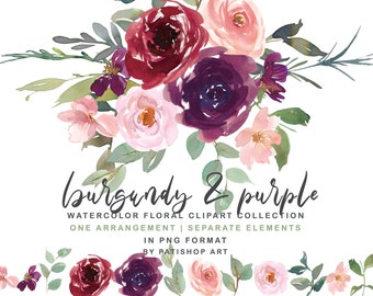 burgundy watercolor floral bouquet clipart -arrangement & separate elements - red peony rose clip art - commercial use - wedding decor png