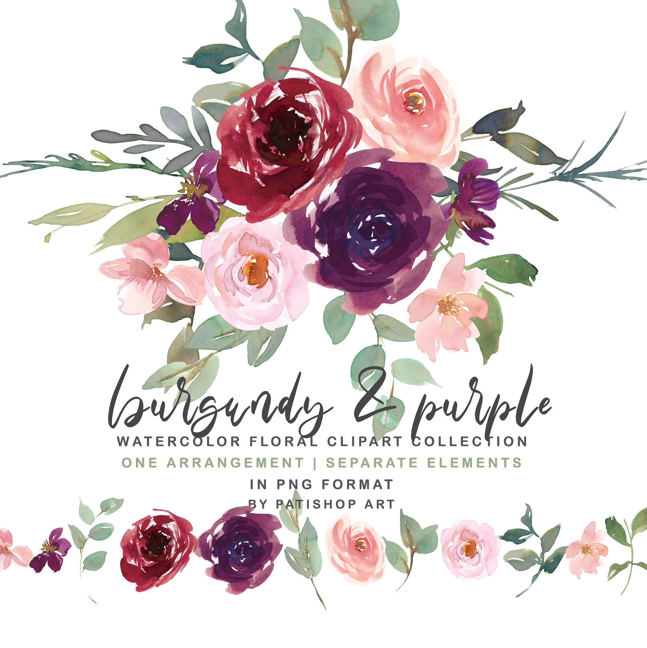 Burgundy and Purple Watercolor Floral Bouquet Clipart | Etsy