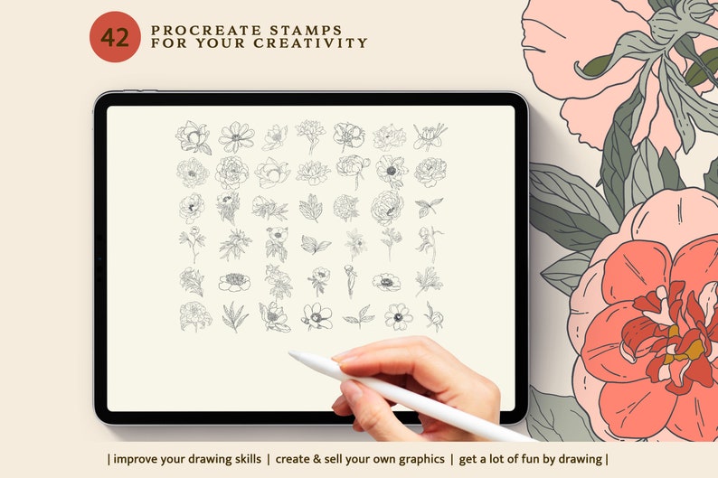 Peony Stamps Procreate Brushes - Floral Stamp - Botanical Stamp ...