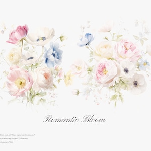 May include: A watercolor painting of a bouquet of pink, white, and blue flowers. The flowers are arranged in a loose, romantic style. The text "Romantic Bloom" is written below the flowers.