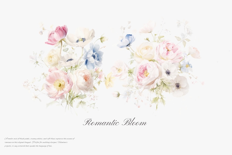 May include: A watercolor painting of a bouquet of pink, white, and blue flowers. The flowers are arranged in a loose, romantic style. The text "Romantic Bloom" is written below the flowers.