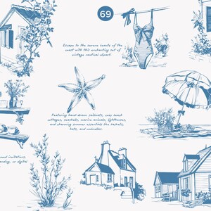 May include: A set of blue and white illustrations featuring coastal cottages, seashells, starfish, lighthouses, and other summer-themed objects. The illustrations are perfect for creating invitations, stationery, wall art, branding, or digital collages.