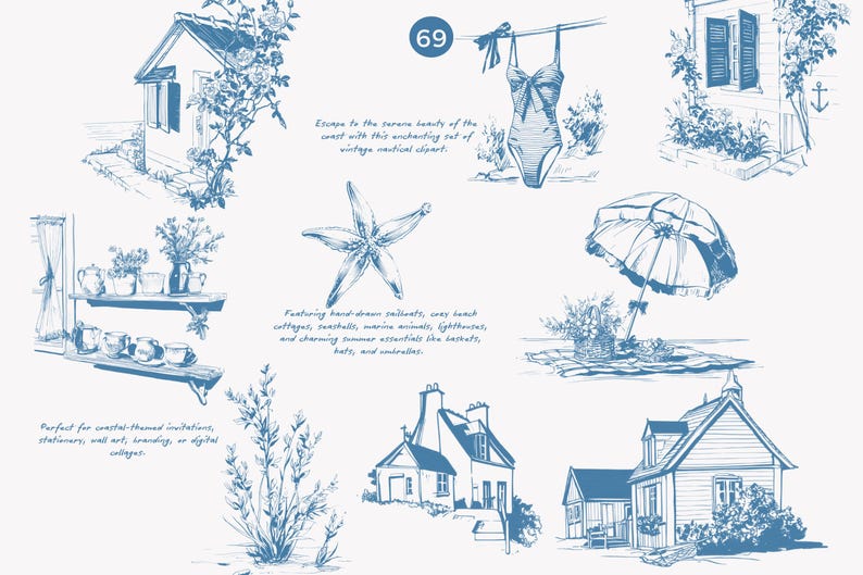 May include: A set of blue and white illustrations featuring coastal cottages, seashells, starfish, lighthouses, and other summer-themed objects. The illustrations are perfect for creating invitations, stationery, wall art, branding, or digital collages.