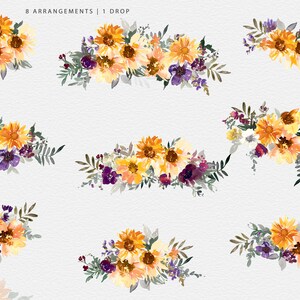 May include: Watercolor floral arrangements featuring sunflowers, purple flowers, and greenery. The image displays eight different arrangements, with the text "8 ARRANGEMENTS | 1 DROP" at the top. The flowers are painted in shades of yellow, orange, and purple.