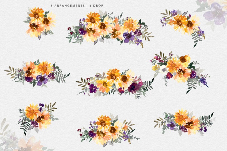 May include: Watercolor floral arrangements featuring sunflowers, purple flowers, and greenery. The image displays eight different arrangements, with the text "8 ARRANGEMENTS | 1 DROP" at the top. The flowers are painted in shades of yellow, orange, and purple.