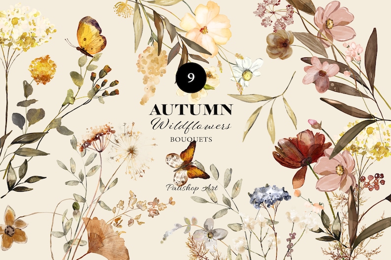 May include: Watercolour illustration of a bouquet of autumn wildflowers with butterflies. The bouquet features a variety of flowers in shades of pink, red, yellow, and white. The text "AUTUMN Wildflowers BOUQUETS" is written in black lettering.