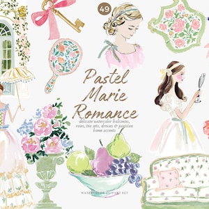 May include: Watercolor clipart set titled "Pastel Marie Romance" featuring illustrations of balconies, roses, tea sets, dresses, and Parisian bow accents. The artwork includes a key with a pink bow, a mirror, and a sofa.