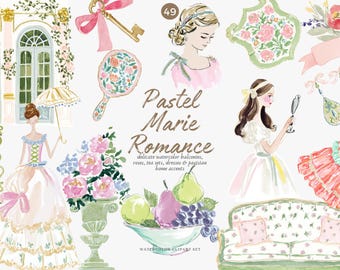 pastel rococo watercolor clipart set, french balcony illustrations with roses, dresses, home decor, frames, florals, vintage parisian accent