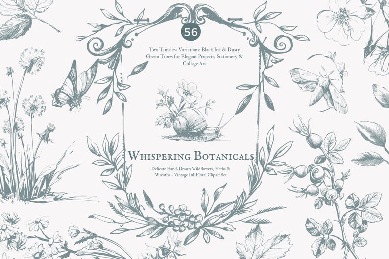 May include: A set of 56 hand-drawn botanical illustrations in black and green tones. The illustrations include wildflowers, leaves, butterflies, snails, and berries. The illustrations are perfect for creating elegant projects, stationery, and collage art.