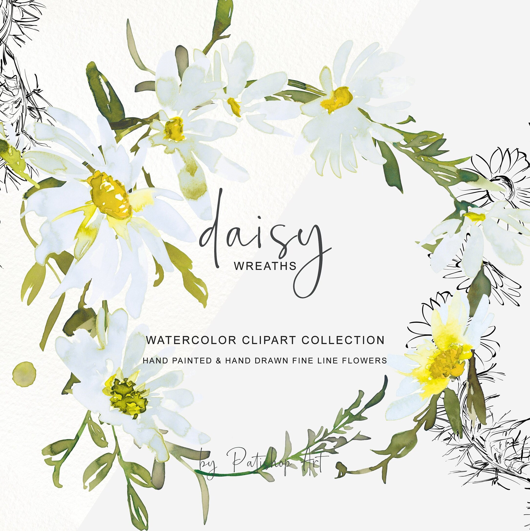 Daisy Watercolor Wreath Clipart Hand Painted Daisy Wreath Etsy