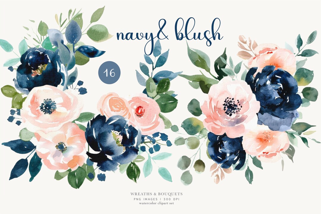 Navy and Blush Watercolor Clipart Png, Elegant Blue and Pink Floral ...
