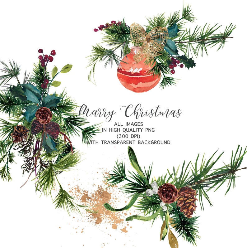 Frohe Weihnachten Kiefer Zweige Clipart Aquarell Weihnachten | Etsy