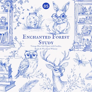 May include: Blue ink illustration featuring a whimsical forest study theme. Includes a rabbit, owl, and deer wearing glasses, along with books, a jar of flowers, and a snail. The text reads "Enchanted Forest Study."