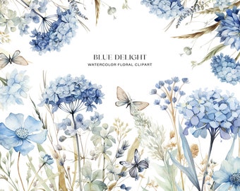 dusty blue floral clipart - watercolor floral clipart - watercolor wildflower png - floral clipart - premade clipart - wedding clipart