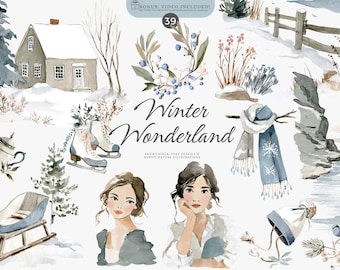 May include: A watercolour illustration with a winter theme. The image features a house, ice skates, a sled, a teapot, a scarf, and two women. The text "Winter Wonderland" is displayed in the centre of the image.