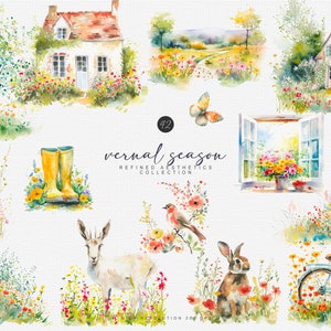 aquarel lente clipart - lente landschappen - lente kunst - beeldende kunst - lente dieren - landhuis - lente boom clipart - lentebloemen