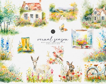 watercolor spring clipart - spring sceneries - spring art - fine art - spring animals - country house - spring tree clipart - spring flowers