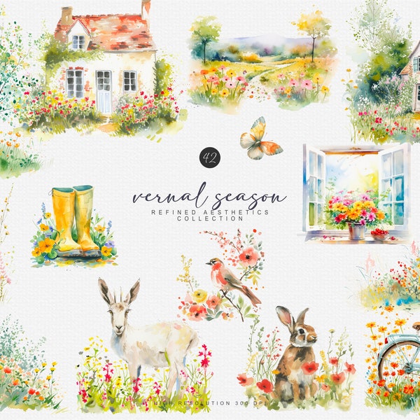 watercolor spring clipart - spring sceneries - spring art - fine art - spring animals - country house - spring tree clipart - spring flowers