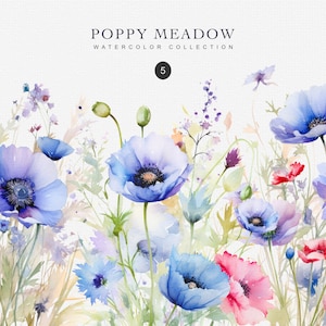 clipart aquarelle coquelicot violet - fleurs d'été - feuillage de mariage - clipart coquelicots bleus - conception d'invitation de mariage - clipart premade - prairie
