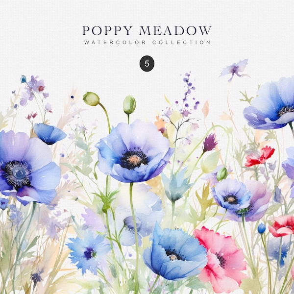 watercolor purple poppy clipart - summer flowers - wedding foliage - blue poppies clipart - wedding invite design - premade clipart - meadow