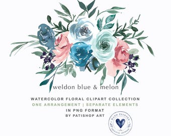 May include: A watercolor floral arrangement featuring blue, teal, and melon-colored roses with dark green foliage. Text reads: weldon blue & melon, WATERCOLOR FLORAL CLIPART COLLECTION, ONE ARRANGEMENT | SEPARATE ELEMENTS, IN PNG FORMAT, BY PATISHOP ART.