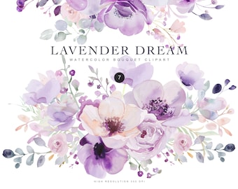 lavender floral clipart png, watercolor purple flowers bouquet, violet garden blossoms arrangement, wedding invitation design, digital png