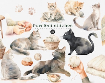 watercolor cat knitting clipart png, cozy cats with yarn and playful kittens, pet lover craft illustration set for scrapbooking and diy png