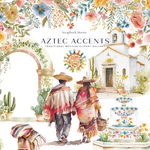 aquarel Mexicaanse clipart set - fiesta graphics - Mexico landschappen - architectuur clipart - aquarel landschap - feestelijke clipart - bloemen