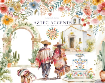watercolor Mexican clipart set - fiesta graphics - Mexico sceneries - architecture clipart - watercolor scenery - festive clipart - floral
