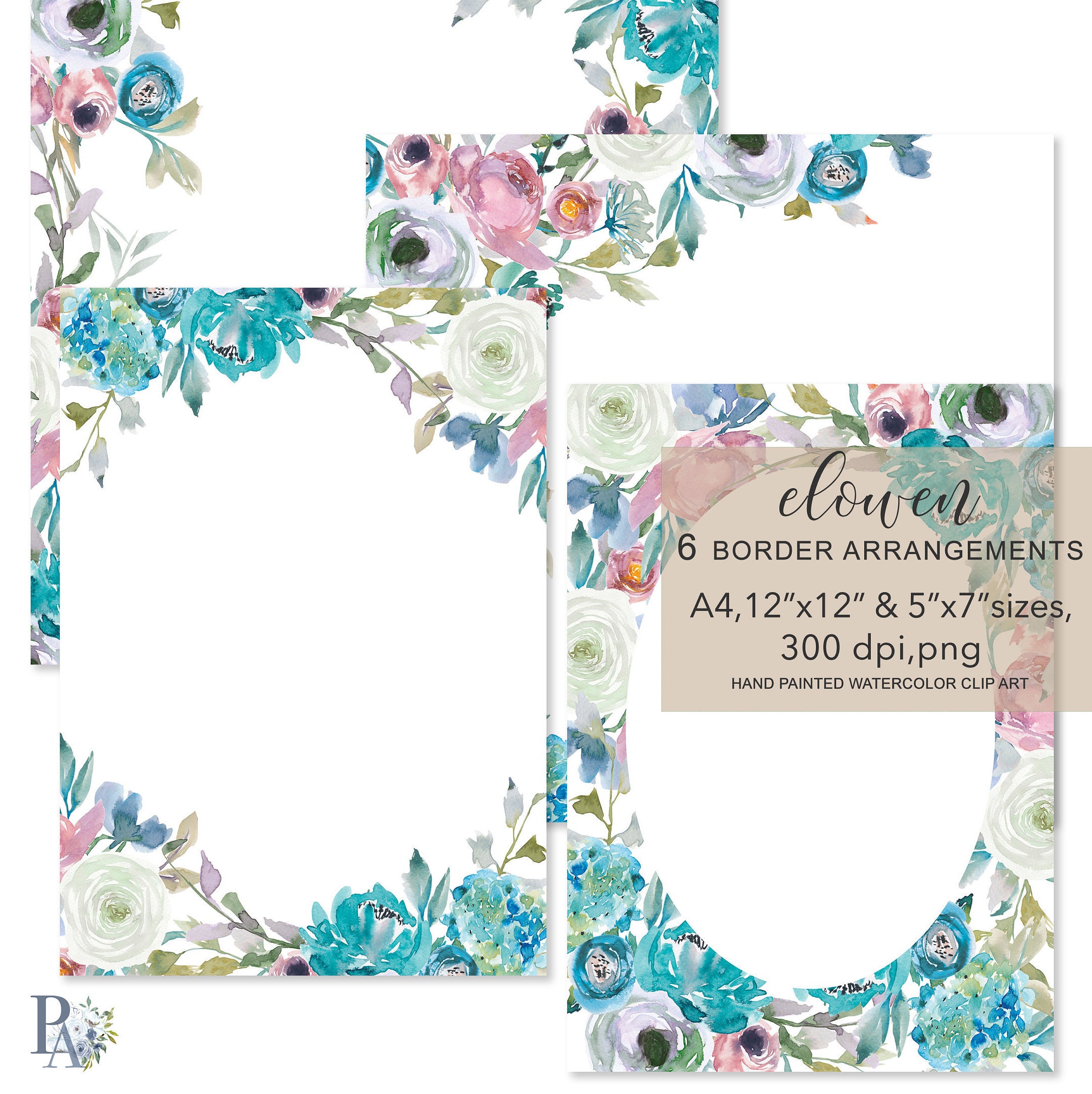 Watercolor Dusty Blue and Turquoise Flowers Foliage Frames Etsy