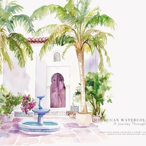 May include: Watercolor painting of a Moroccan courtyard with a fountain, palm trees, and a purple door. The image includes the text "MOROCCAN WATERCOLOR ELEGANCE A Journey Through Colors". The artwork is inspired by Moroccan architecture, rugs, and nature.